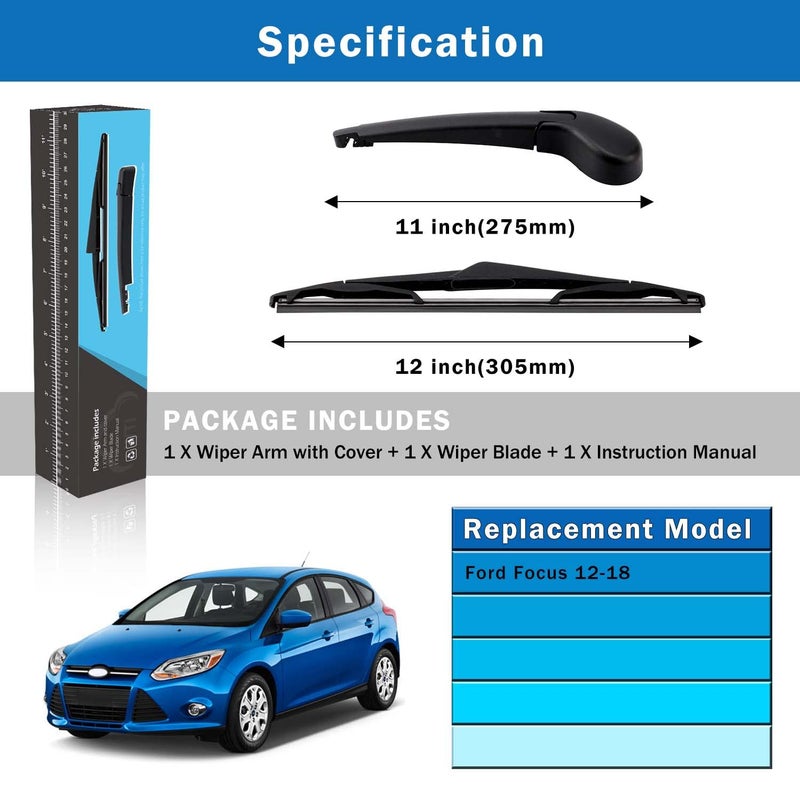 WTI Rear Wiper Arm Blade Set Compatible With Ford Focus 2012-2018 Hatchback 5 Door Rear Windshield Window Wiper Kits Assembly New Replacement Accessories Parts Fit CV6Z17526C - Image 5